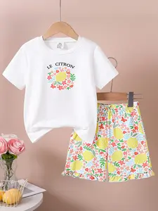 2-Piece Girls Summer Set, Floral Letter Print Round Neck Short Sleeve T-Shirt + Flower Waistband Pants, Comfortable Kids Fashion, Summer Clothing Set