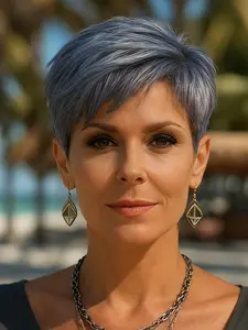 Short Gray Human Hair Wig for Women with Bangs Layered Pixie Cut Straight Hair with Rose Net Cap