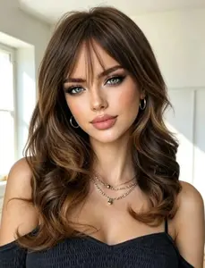 Brown Caramel Highlight Medium Long Layered Curly Wigs for Women, Face Framing Curtain Bang Full Synthetic Wig Heat Resistant Hairpiece for Everyday, Wedding, Halloween Cosplay Occasions