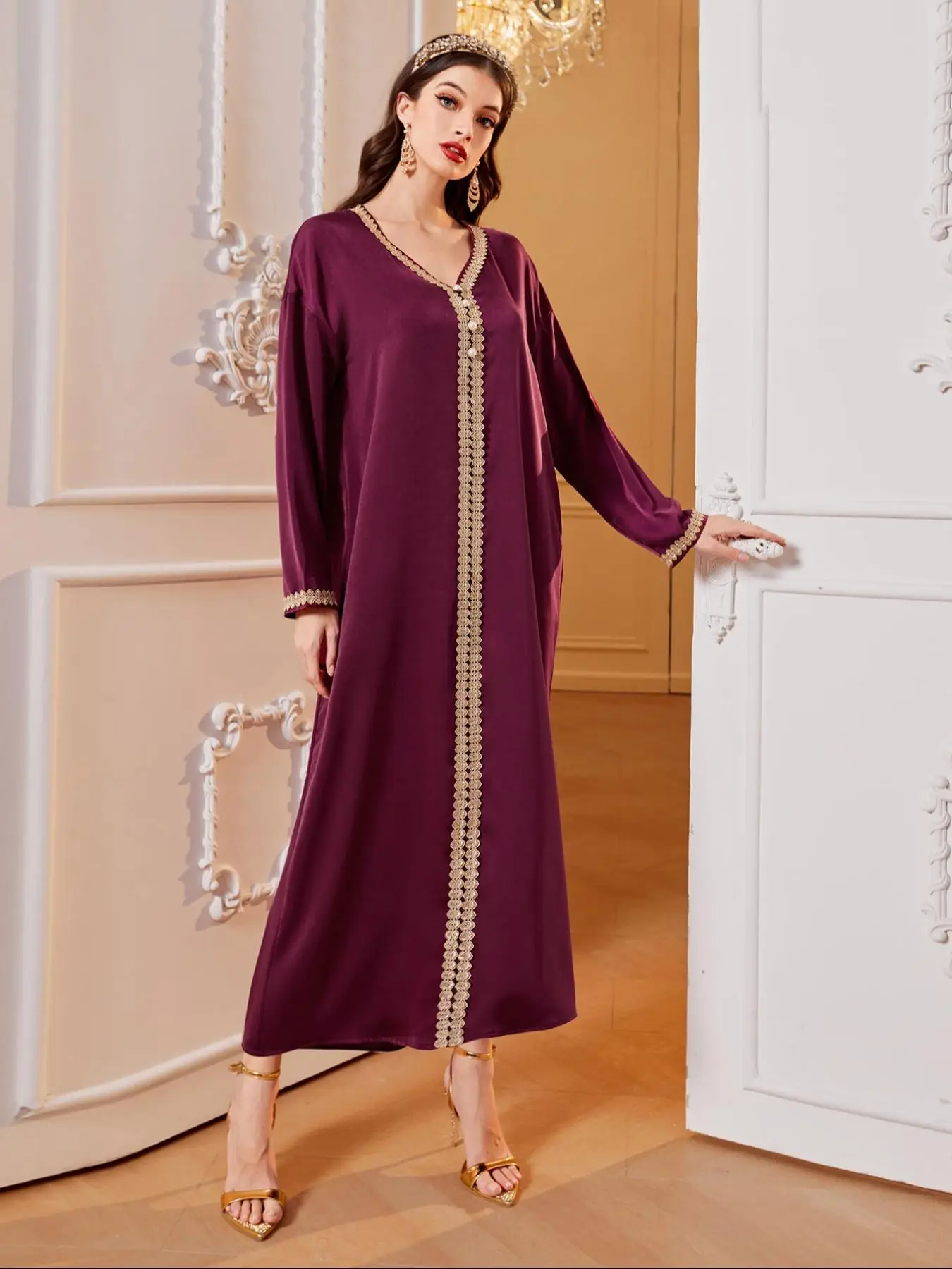 Women's Plain Embroidery Trim V Neck Long Sleeve Dress, Modest Elegant Long Dress for Daily Wear, Ladies Islamic Clothing for All Seasons