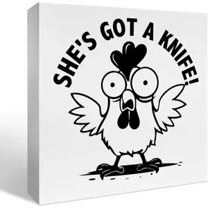 Kitchen Decor Wooden Box Sign Funny Chicken Kitchen Table Restaurant Dining Room Counter Cabinets Decorations, Kitchen Gifts for Women Men Chef Chicken Lover New Home House, She's Got A Knife! 5x5 inch