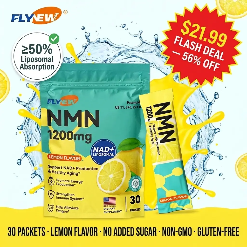 FLYNEW NMN 1200mg with Liposomal NAD+ Anti-Aging Drink Mix - 8 in 1 Formula, 30 Packets Lemon Flavor, Vegan Sugar Free