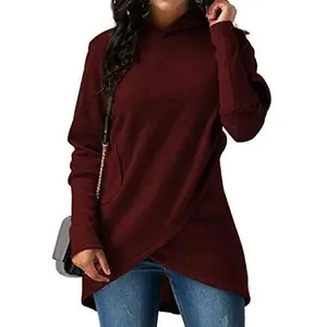 USED-Oberora-Women Casual Hooded Asymmetric Hem Wrap Hoodie Sweatshirt Outwear Tops Blouse Red M