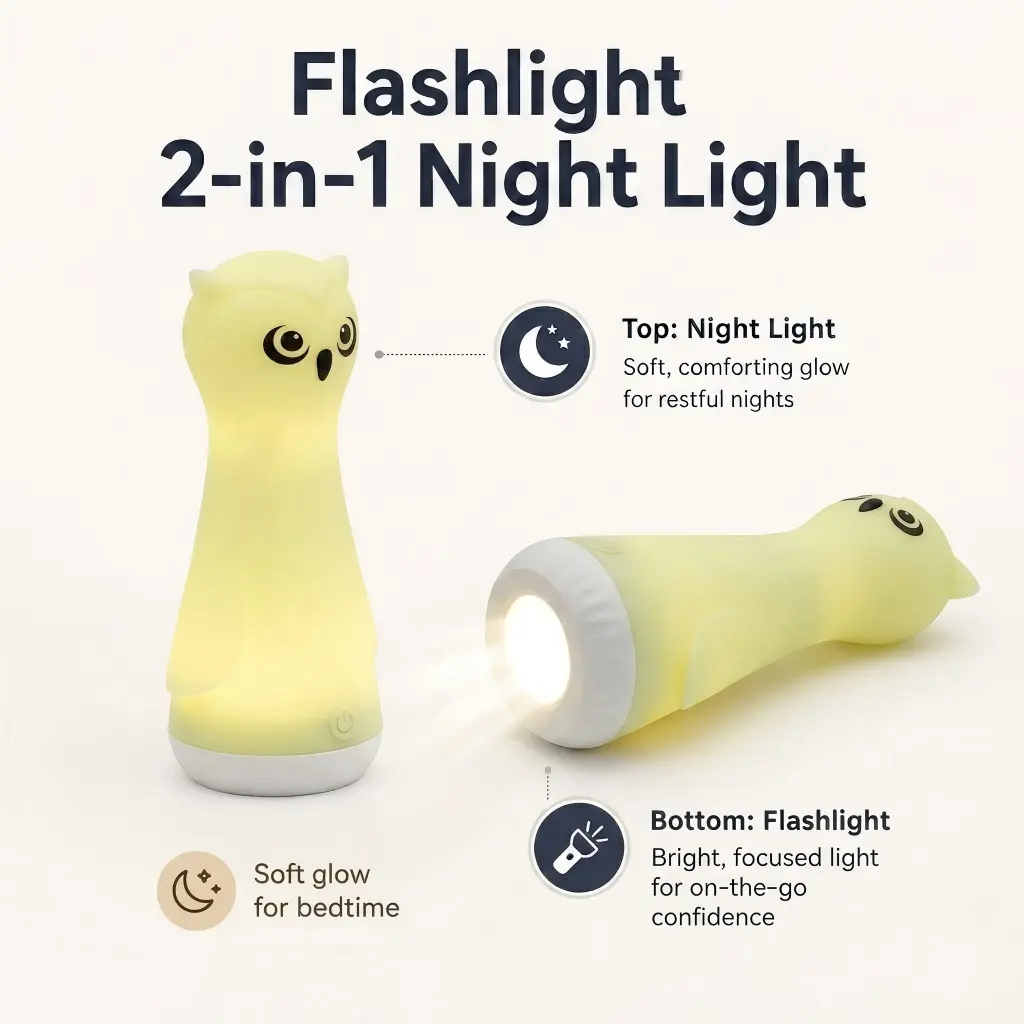 ShaArkMango Cute Silicone Animal Shape Flashlight, 2-in-1 Rechargeable Unisex Night Light for Toddlers 0-3 Years, Soft Glow for Bedtime