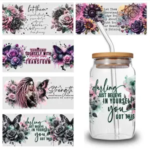 5 Sheets Floral Design UV DTF Stickers DIY Water Bottle Glass UV DTF Transfer Stickers for Glass Cups Waterproof Rub on Transfers Cups Decoration Glass DTF Transfer Stickers