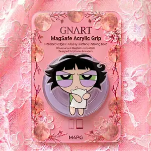 Grumpy Pajama Girl Acrylic MagSafe Phone Grip | Cute Sleepyhead Holding Pillow Phone Ring | Retro Cartoon Aesthetic Magnetic Stand Holder