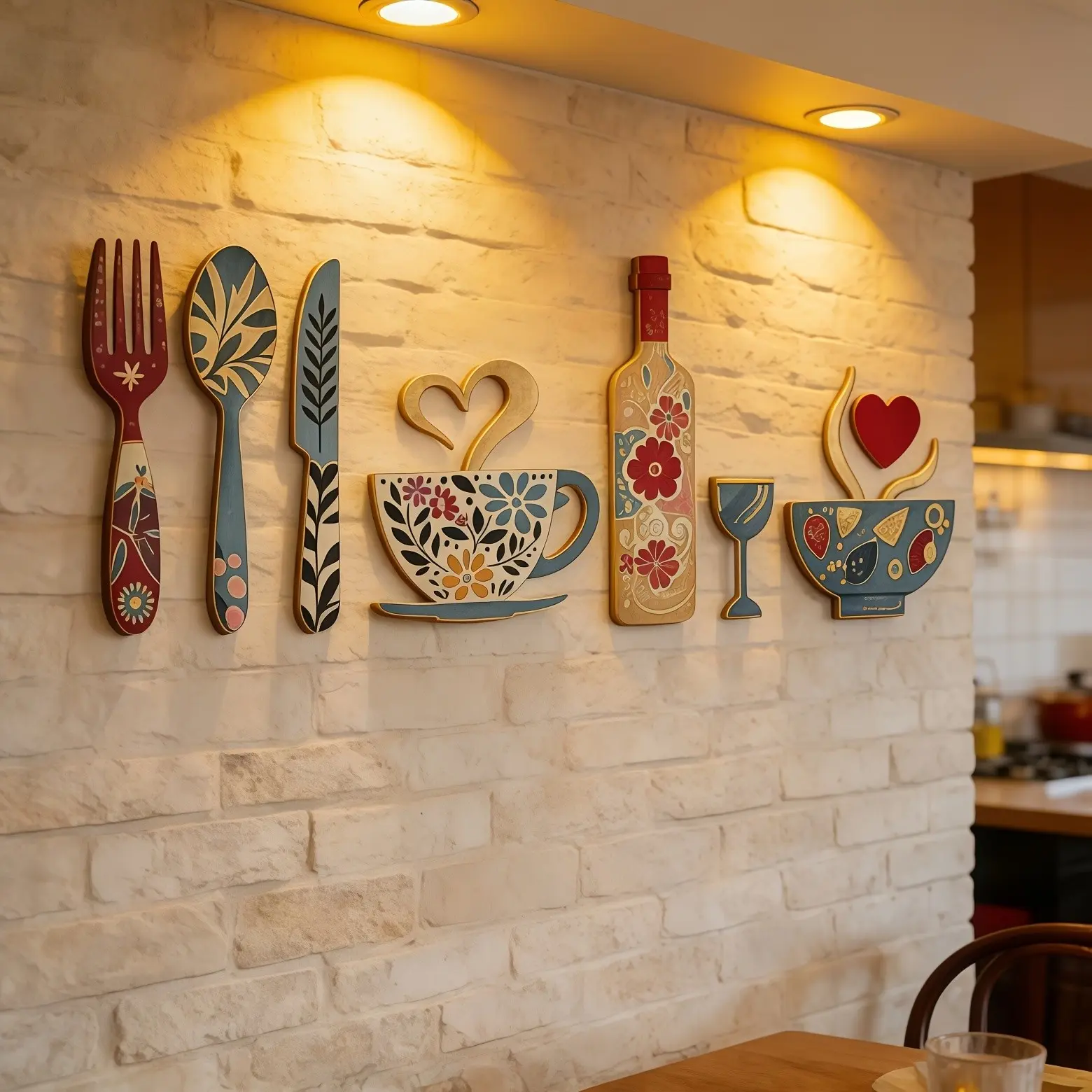 7pcs Wooden Wall Panel Decor - Fork, Coffee Cup & Wine Glass Shaped Signs Suitable, Cafe, Restaurant, Decoration, Irregular Backdrop Panels with Semi-Matte, Housewarming Gift for Home Décor