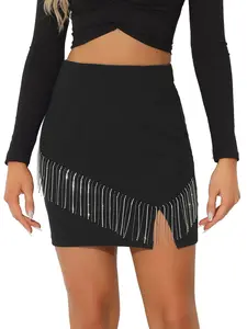 INSPIRE CHIC High Waist Split Sparkly Fringe Mini Pencil Skirt Black