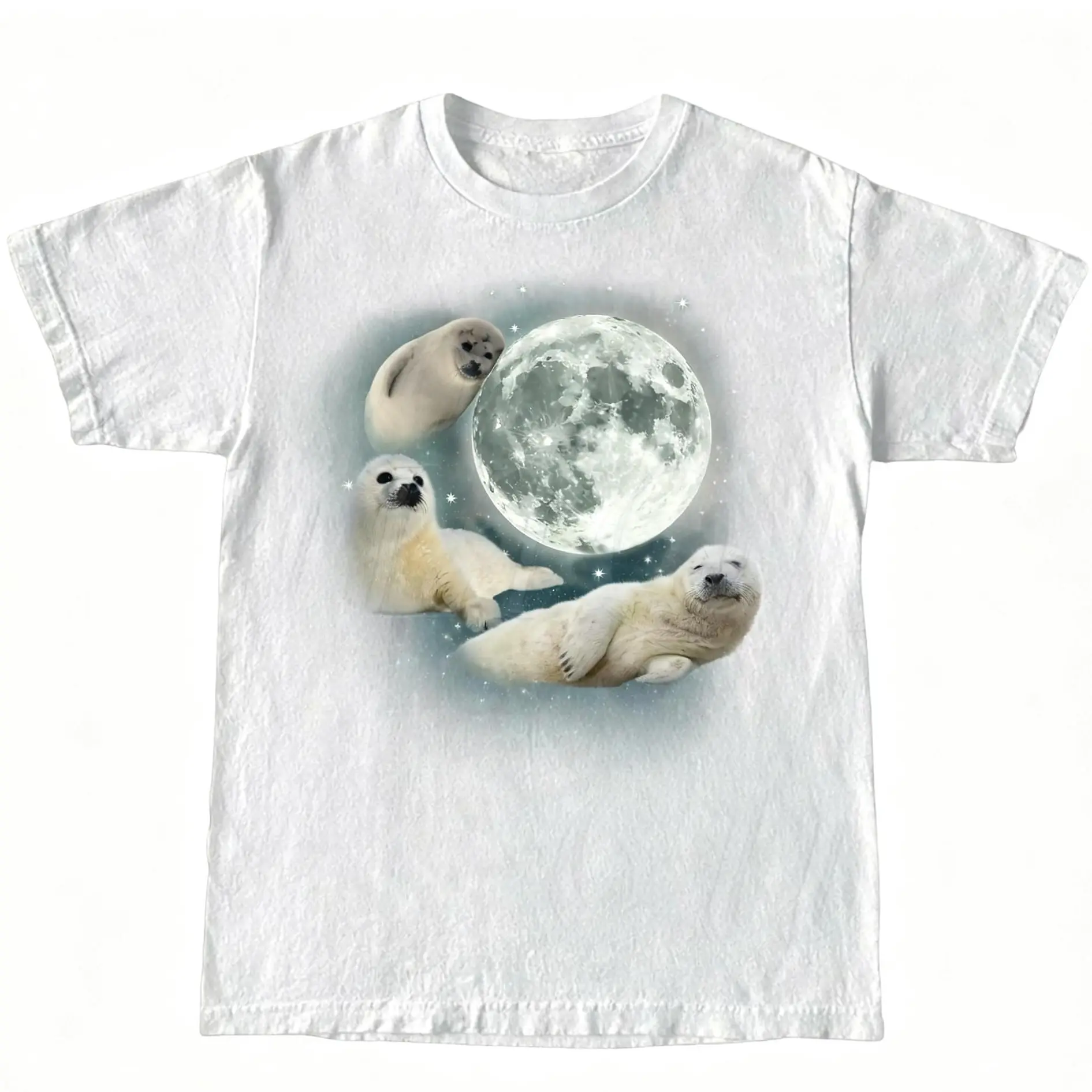 Unisex Fluffy Seal-Animal Gradient Print Cotton T-Shirt, Loose Relaxed-Fit Short-Sleeve Top, Women's Casual Streetwear for School Ocean Outdoor Wear