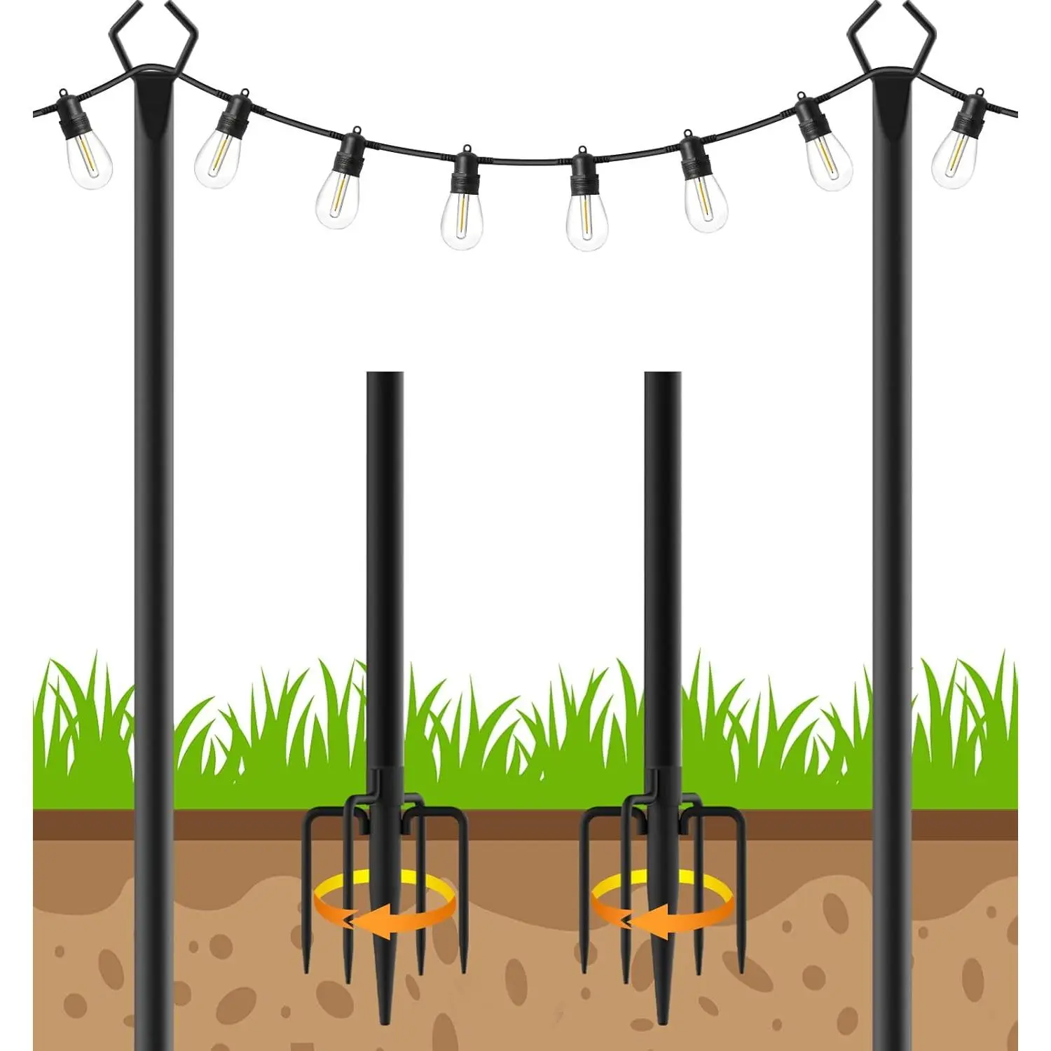 9Ft String Light Poles 2 Pack,Light Poles for Outside Lights,Outdoor with Fence Brackets Hanging Lights,Metal Stand Deck Patio Backyard summerwins