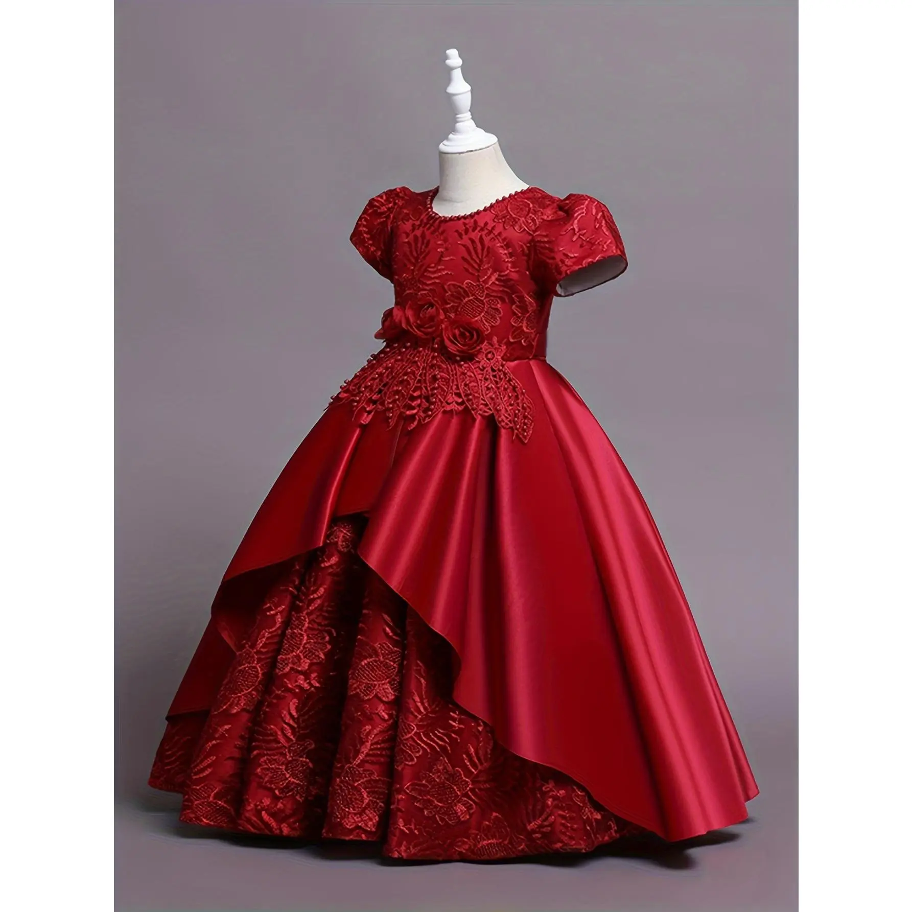 Elegant Girls' Red Floral Lace Ball Gown - Short Sleeve, A-Line Princess Maxi Dress with Tulle Overlay for Pageants, Weddings, Bridesmaids & Communion