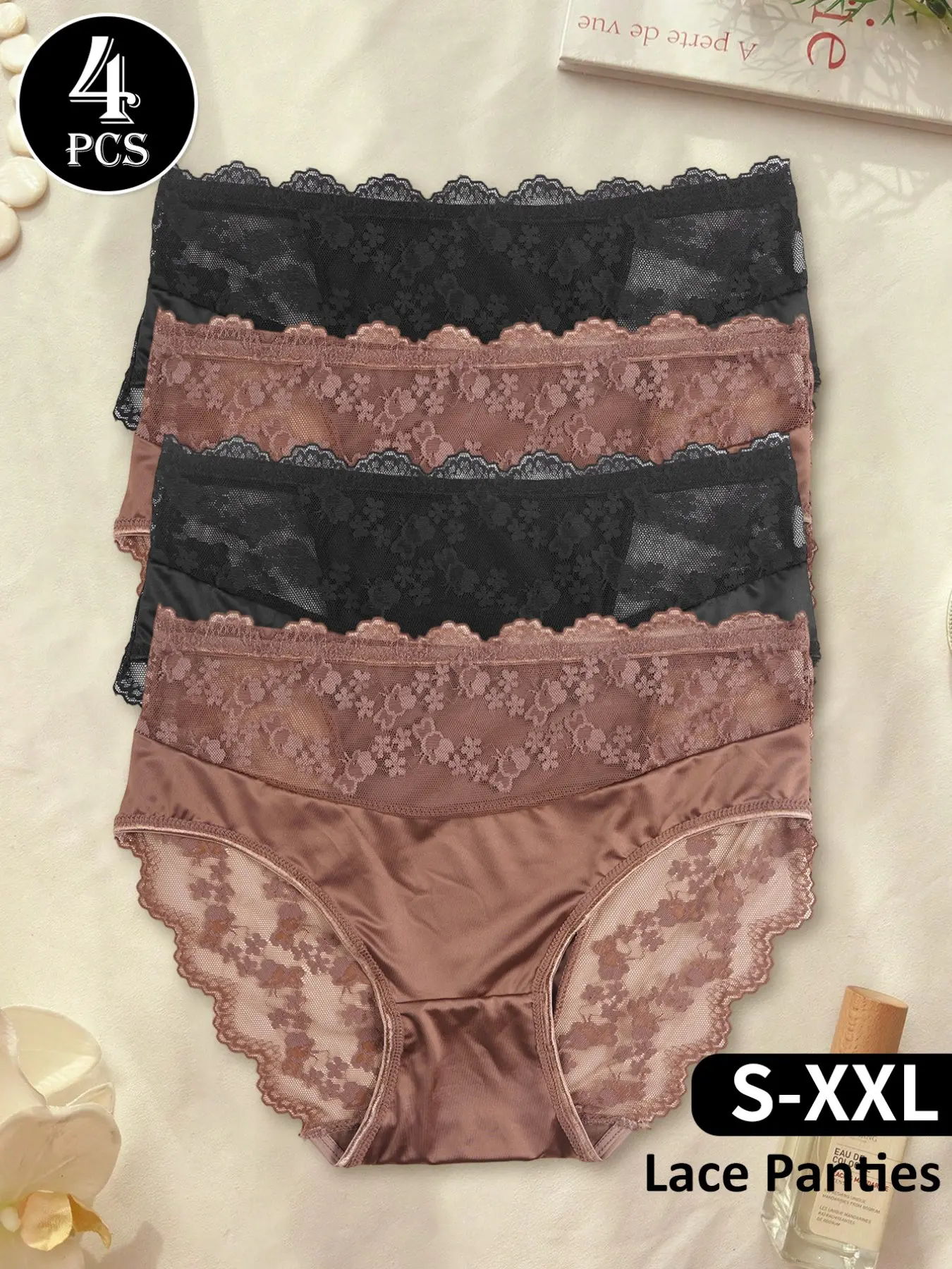 Lace Sexy Women's Briefs, Mid-Waist Comfortable Breathable No Roll Edge, Pregnancy & Postpartum, 4 Pcs Set, All Seasons