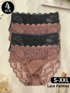 Lace Sexy Women's Briefs, Mid-Waist Comfortable Breathable No Roll Edge, Pregnancy & Postpartum, 4 Pcs Set, All Seasons