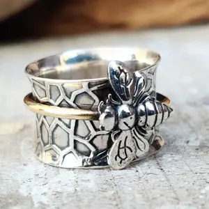 Vintage Boho Honey Bee Rotating Ring Silver Meditation Ring, Worry, Anxiety, Party, Gift