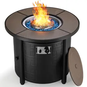 30" Propane Fire Pit Table with Lid and Blue Stone, 50,000 BTU Auto-Ignition Circular Gas Fire Pit for Outdoor