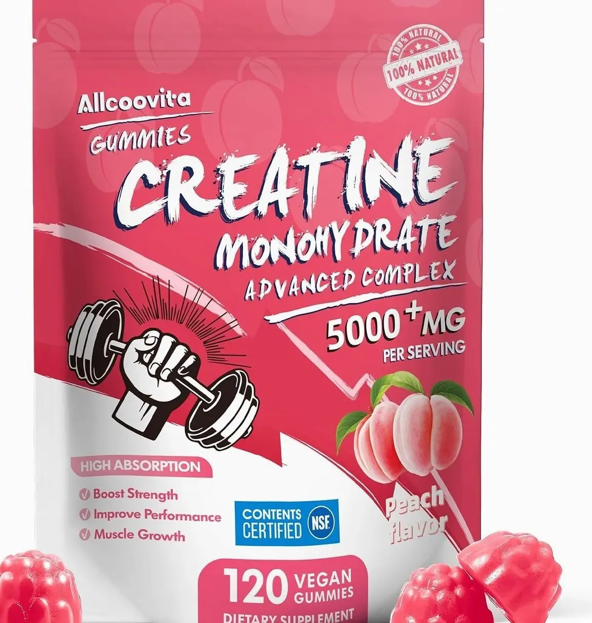 Allcoovita Creatine Monohydrate Gummies 5g for Men & Women. Boost Focus,Strength, and Endurance, Anti-Melting Formula, Vegan, Gluten-Free, Non-GMO,(Peach 120 ct)