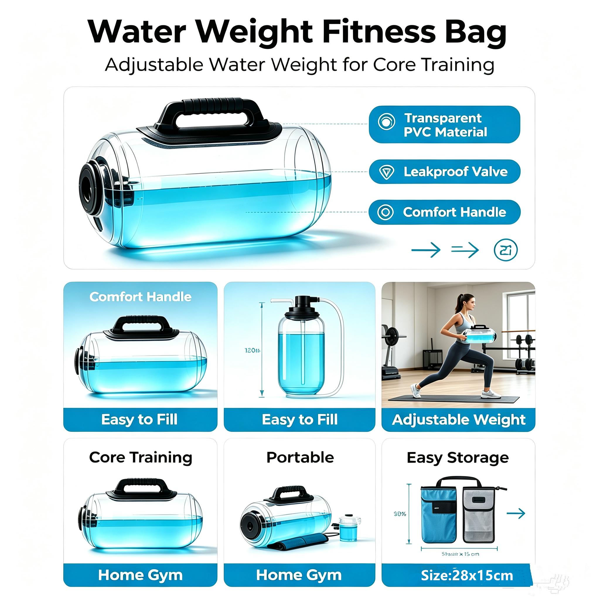 Adjustable Fillable Transparent Weighted Water Bag, Aqua Fitness Power Bag for Core Strength Training, Available in 5kg/20kg/35kg, Comes with Air Pump & Color Ink