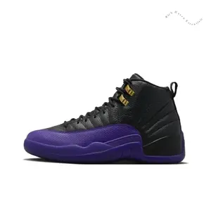 Black and Purple High-Top Retro Basketball Shoes with Black Leather Upper, Purple Overlays and Gold Lace Locks