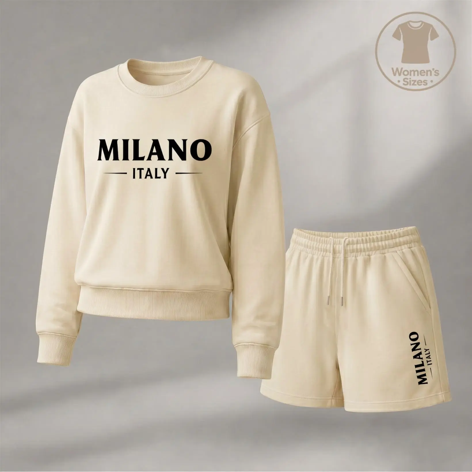 Women’s Milano Letter Print Crewneck Short Sleeve Sweatshirt And Shorts Set, Trendy Casual Two Piece Outfit With Built-In Drawstring Shorts