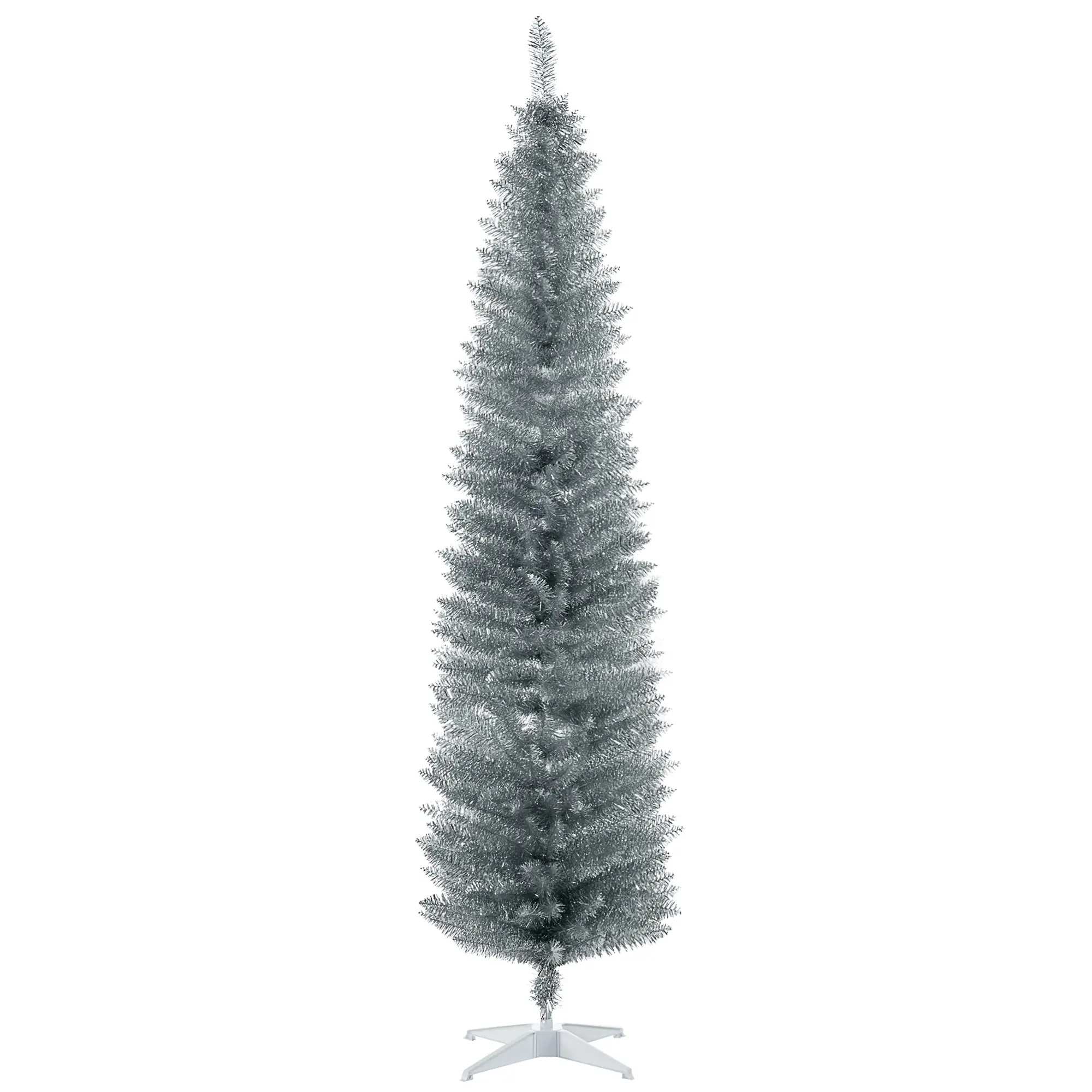 7ft Unlit Pencil Artificial Christmas Tree with Realistic Branches and 499 Tips, Plastic Base – Silver. Flame-Retardant. Space-Saving. Easy Assembly