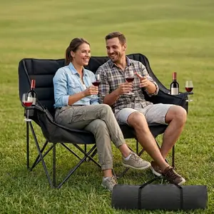 【SummerWins】Lilypelle 1000LBS Oversized Double Camping Chair, Folding Loveseat Camping Chair with Cup Holders & Side Pockets, Heavy Duty 600D Oxford Portable Double Chair for Camping, Patio, Backyard, Outdoor