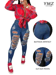 Women's stretch distressed cropped jeans, high-waisted distressed casual jeans, slim fit jeans, streetwear, versatile and comfortable. Vintage Pants Bottom Womenswear Fitted Fabric