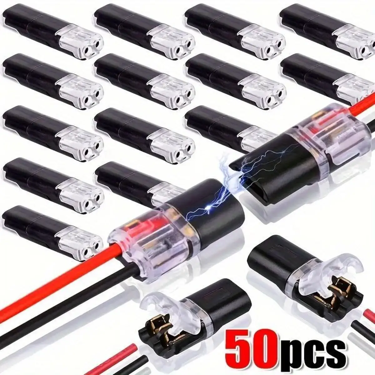50pcs Dual Pin Solderless Quick Splice Crimp Connectors - Tool-Less Snap-In Pluggable Copper Blocks, Easy Install, Bulk Pack for Automotive Low Voltage, AWG 18-22 Electrical Wires (Durable Home Supplies)