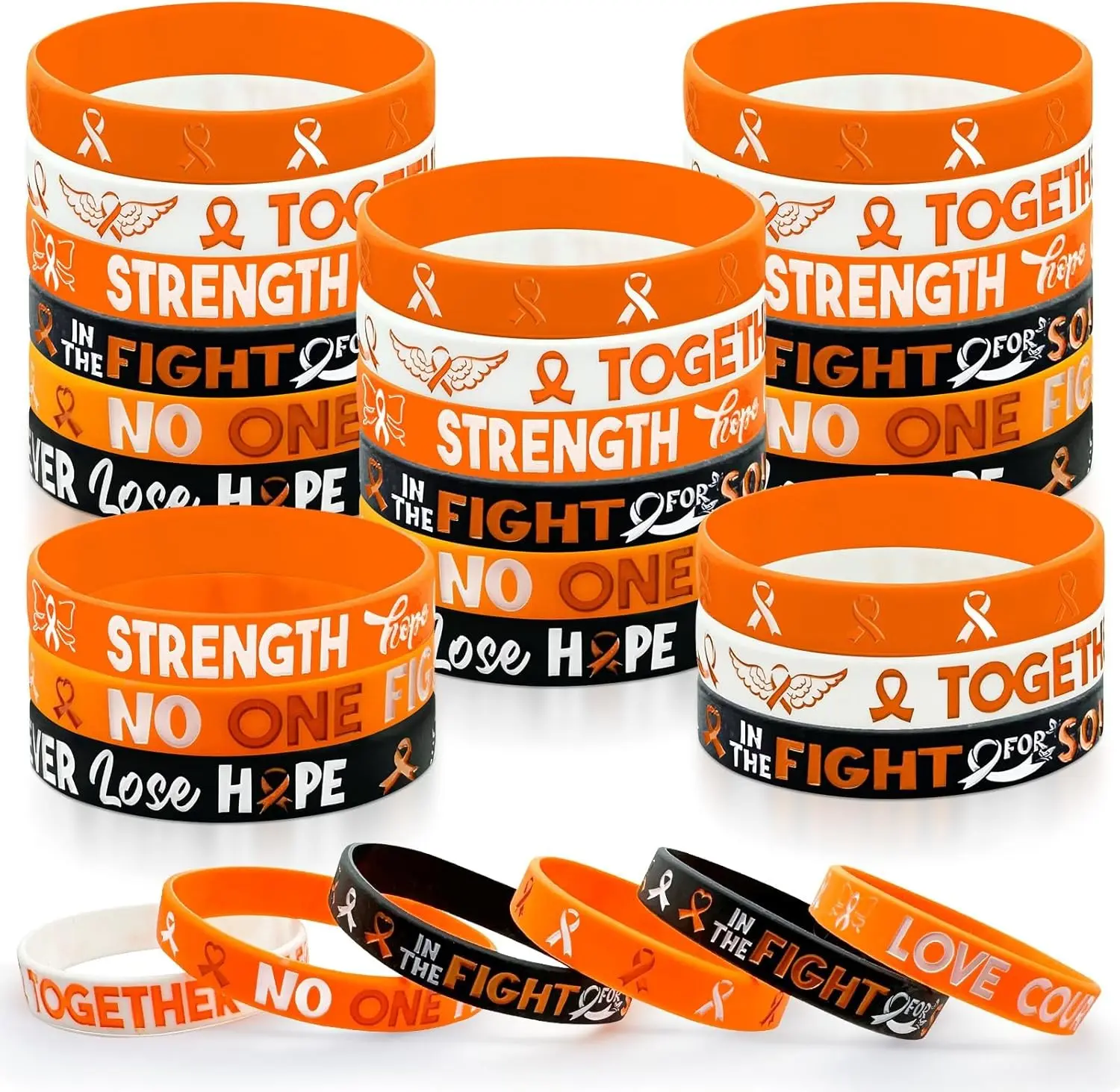 30 Pcs Orange Ribbon Silicone Bracelets for Leukemia Lymphoma Kidney Cerebral Cancer Awareness Support for Women Men Charity Welfare Event