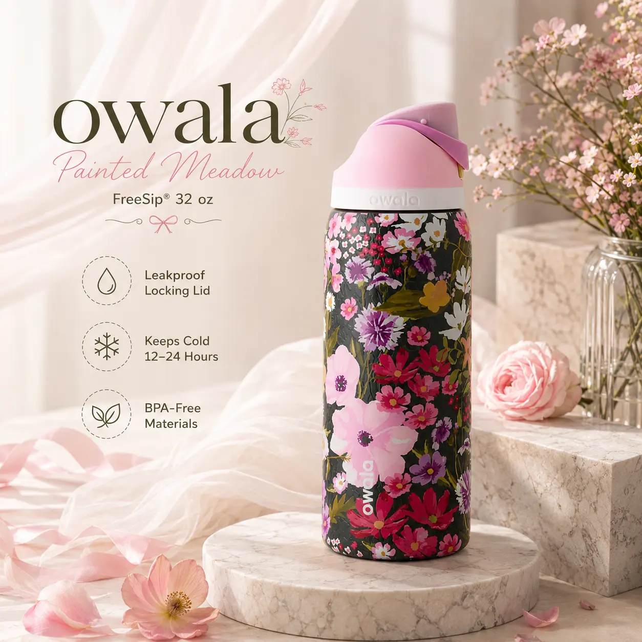 Owala Painted Meadow FreeSip 32 oz Insulated Stainless Steel Water Bottle, Leakproof BPA-Free Sports Bottle for Travel, Gym & Daily Use