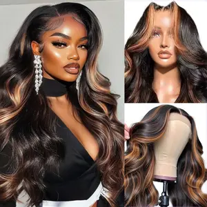 Afribye 13x6 FB/30 Ombre Highlight Human Hair Wig 200% Density Body Wave Transparent Lace Frontal Pre Plucked Unprocessed Brazilian Virgin Hair Soft Natural Look Full Thick Appearance