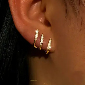 OvalletOoh 2 Pack Sparkling CZ Ear Crawler Earrings, 3-Prong Gold Plated Climber Studs