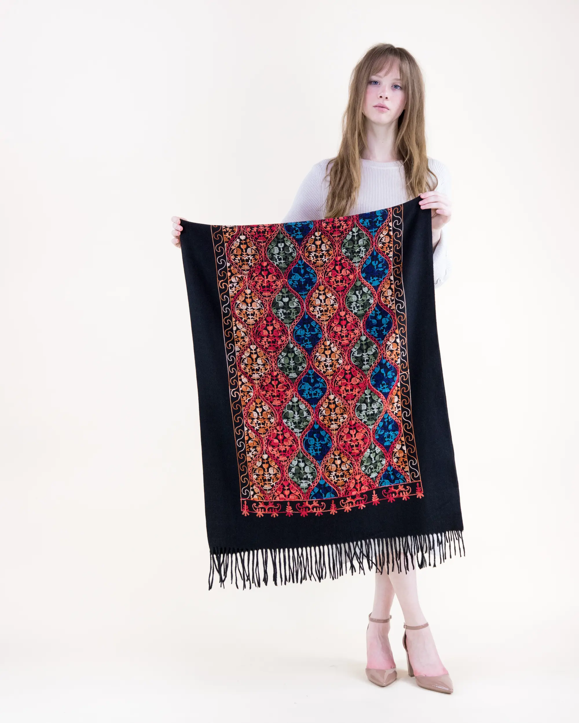 Elegant Embroidered Garden Ogee Trellis Pattern Scarf with Fringe Detailing and Artistic Floral-Inspired Design