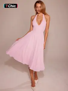 Women‘s Mesh Solid Ruched Sleeveless Halter Slip Dress, Plain Slim Fit V-neck Backless Elegant Pleated Midi Dress, Party Club Date Holiday Daily Casual Dresses For Ladies All Seasons Summer Fashion Clothes