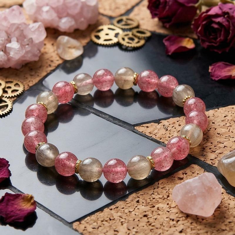 Strawberry Quartz & Golden Rutilated Quartz Bracelet Set –  8mm Natural Stone Beaded Jewelry, Attract Love Wealth Career, Unisex Daily Wear Gift