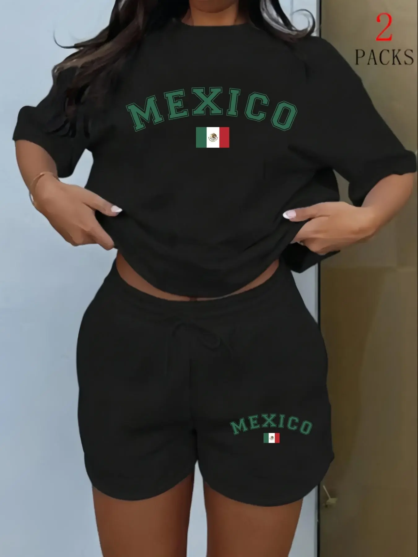 Women's Mexico Flag Print Crew Neck Tee & Shorts Set, Casual Short Sleeve T-shirt & Skinny Shorts, Women's Clothing for Daily Wear, Everyday, Suits