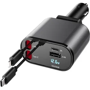 4-in-1 Retractable Car Charger with Fast Charging & Voltage Display 120W Max 2 USB Ports for iPhone 15 14 13 12 Pro Max Galaxy S23