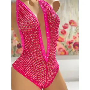 JLOW Neon Pink Net Romper with Bling - Y2K Style, Premium Spandex Fabric, One Size Fits Most, Made in USA