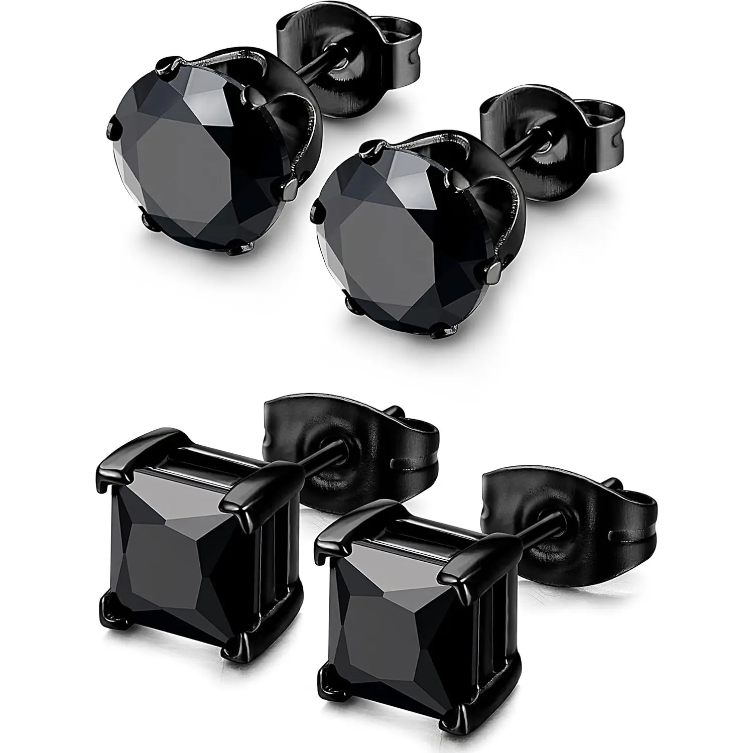 Milacolato Stud Earrings, 2-Pair Unisex Set with Round & Square Cubic Zirconia, Hypoallergenic 316L Stainless Steel with Butterfly Clasp, Rust-Free for Swimming & Earring Stack, Thanksgiving Gift, Dad, Father's Day, Everyday