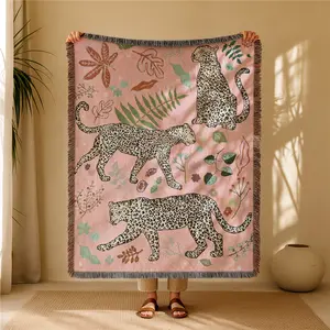 Snow Leopard Pattern Bohemian Yarn Jacquard Woven Blanket with Tassel, Leopard Print Blanket, Thick Soft Washable Blanket, Used for Home Decor Sofa Chair Bed Tapestry Tablecloth Floor Garden Picnic Outdoor Camping