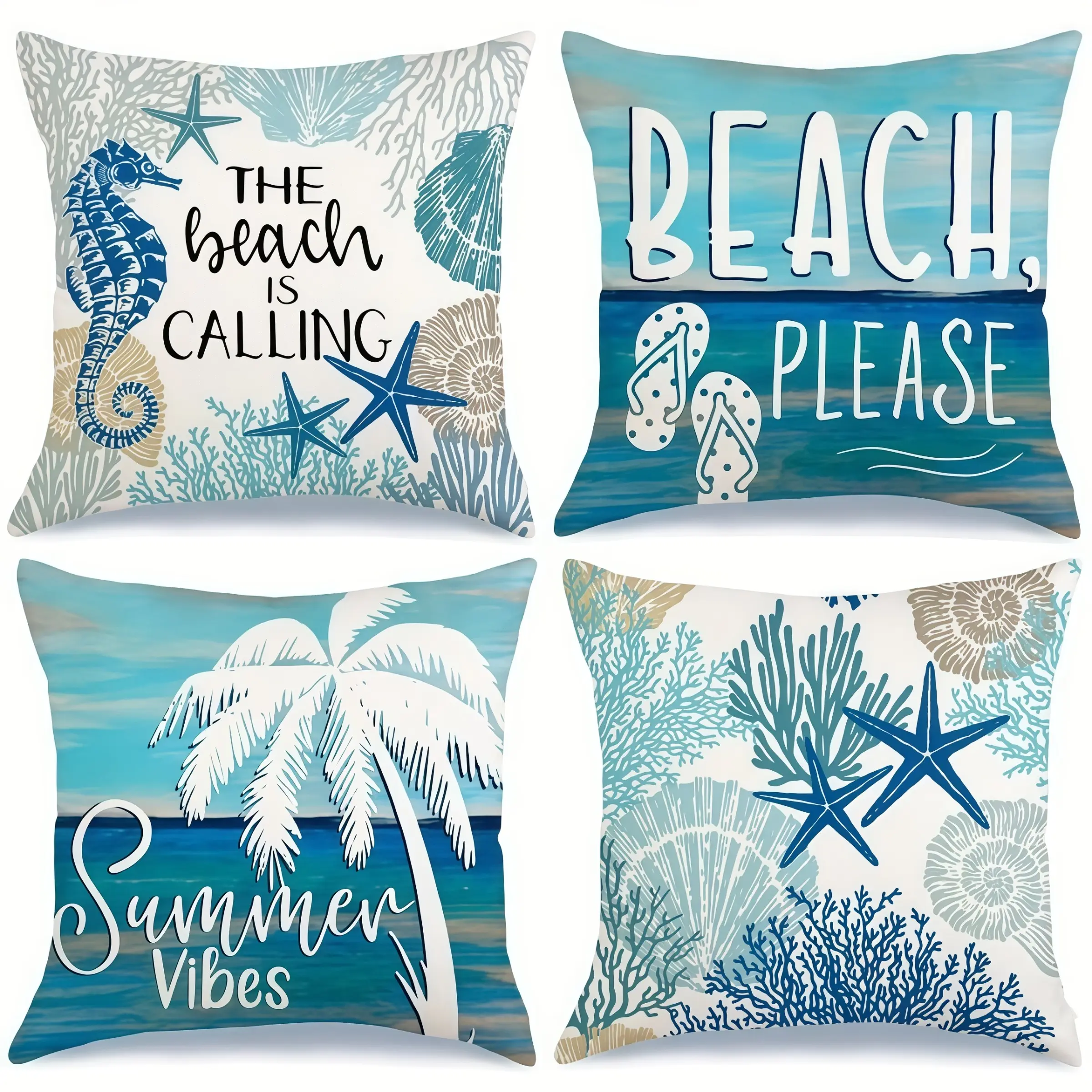 4pcs-Tropical Beach Throw Pillow Covers, "The Beach is Calling" Coastal Decor with Palm Trees & Summer Vibes, Bedroom Decorative Accessories, Suitable Living Room, Bedroom, Sofa and Bed Decoration, 2D Flat, Single Sided Printing, No Pillow Core