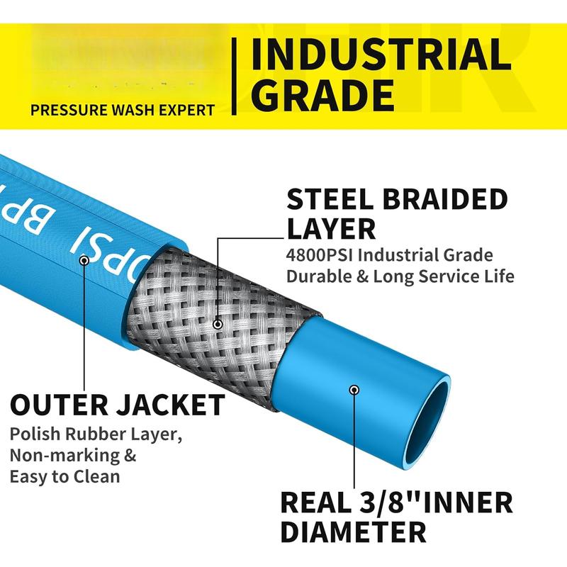 Washer Hose 50FT 3/8" for Cold & Hot Water (Up to 248?) 4800 PSI Kink Resistant Industrial Grade Steel Wire Braided QC Ends with 2 M22-14mm to 3/8" Adapters for Professional and Home Washer Hose 50FT 3/8" for Cold & Hot Water (Up to 248?) 4800 PSI Kink Resistant Industrial Grade Steel Wire Braided QC Ends with 2 M22-14mm to 3/8" Adapters for Professional and Home