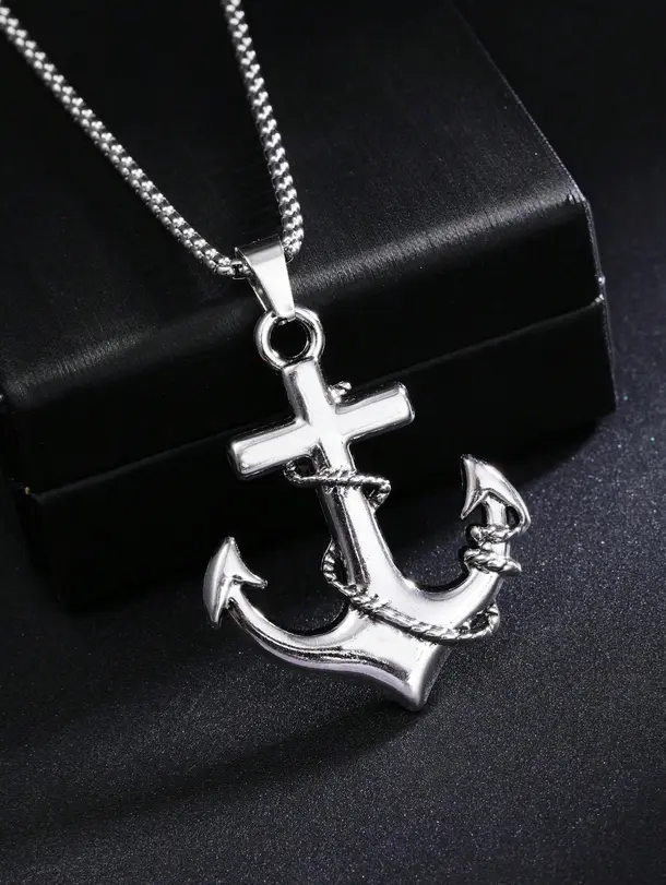 Stainless Steel Male Anchor with Cross Pendant Necklace, Casual Everyday Wear Fashion Accessory, New Items Posted Daily