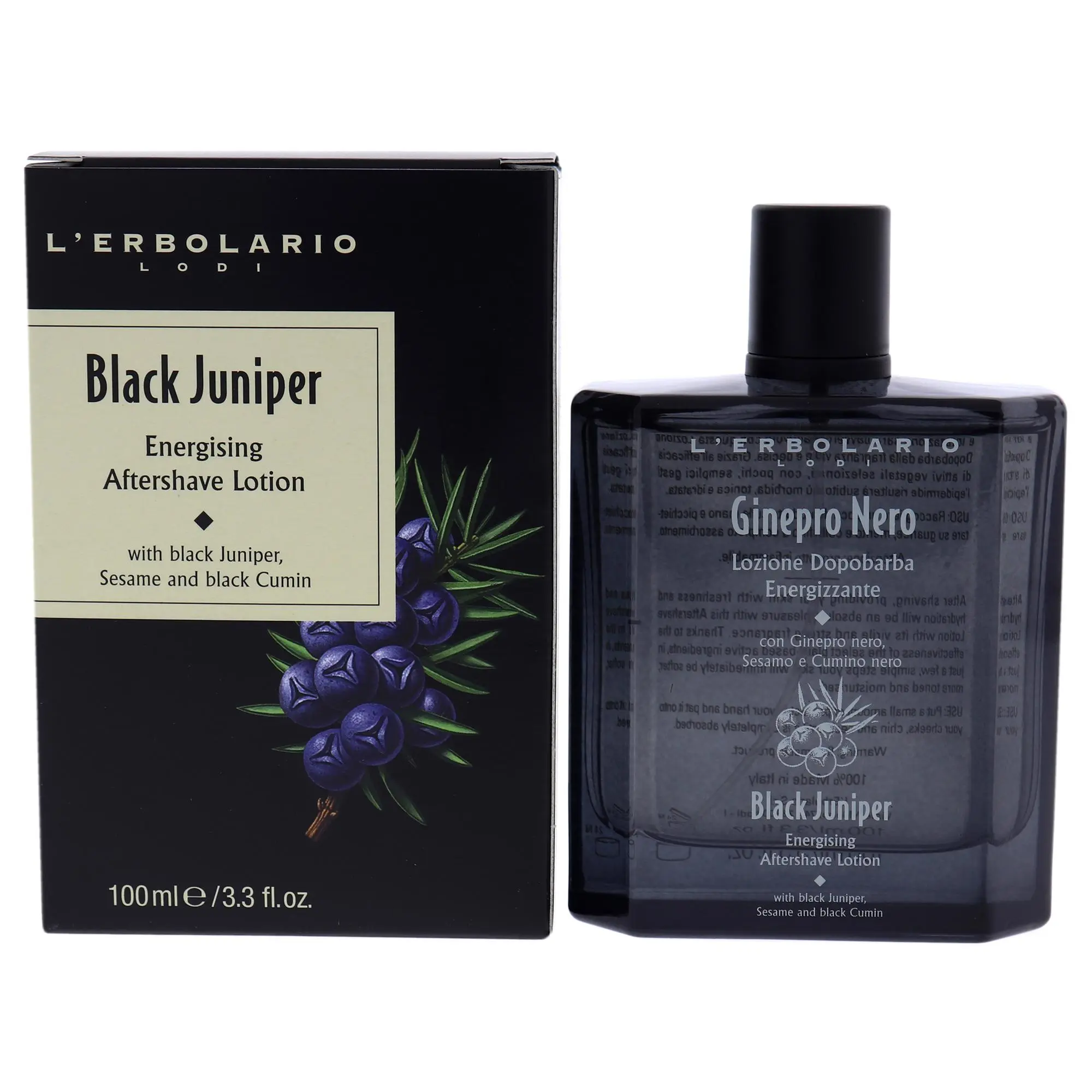 Energising Unisex Aftershave Lotion - LErbolario Black Juniper, Daily Refreshing Revitalizing Scent, Post-Shave Apply, 3.3 oz