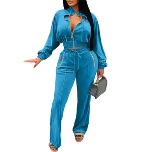 Acelyn Outfits Women 2 Piece Outfits Velour Sweatsuit Jogging Suit Full Zipper Sweatshirt + Wide Leg Sweatpants Tracksuit Lounge Set