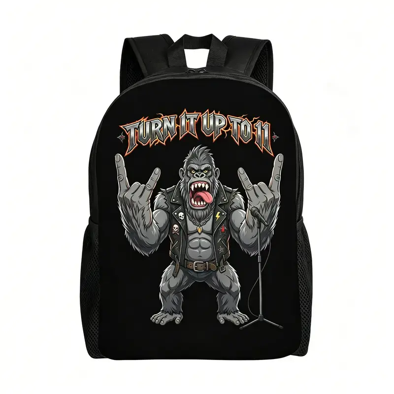 "Turn It Up To 11" Rock Gorilla Print Unisex 600D Oxford Cloth Water-Resistant Casual Backpack, Gift for Rock Fans - Adjustable Shoulder Straps, Durable, Lightweight, Spacious Main Compartment, Multi-Functional All-Seasons Daypack