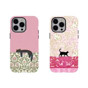 [No Magnetic]  Black Cat William Morris Phone Case,Pink Coquette Vintage Aesthetic Tough phone Cover,Durable Dual-Layer design phone case,for iPhone 17 16 15 14 13 12 11 8 7 for Samsung Series,Shockproof Protective hard Cover,perfect gift for her