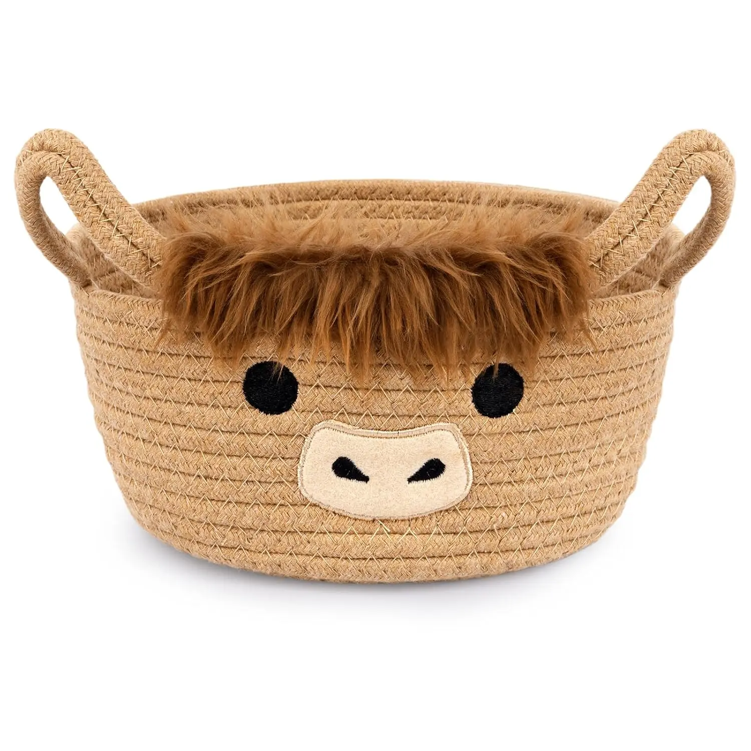 X-SBB17 Foldable Highland Cow Woven Cotton Rope Storage Basket, Dustproof Animal Cow Organizer with Ear Handles for Toddler Nursery Baby Blankets, 10.7"D x 4.4"H Small Round Baby Shower Gift Bin, Beauty, Highland Cow Decor