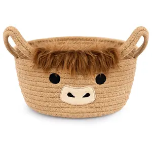 X-SBB17 Highland Cute Cow Basket for Nursery, Small Shower Gift Basket, Round Woven Rope Cotton Storage, Baby Blanket 0rganizer with Ears Handles, Blanket Towel Decor Storage Bins, 10.7"D x 4.4"H in Organiser Bath