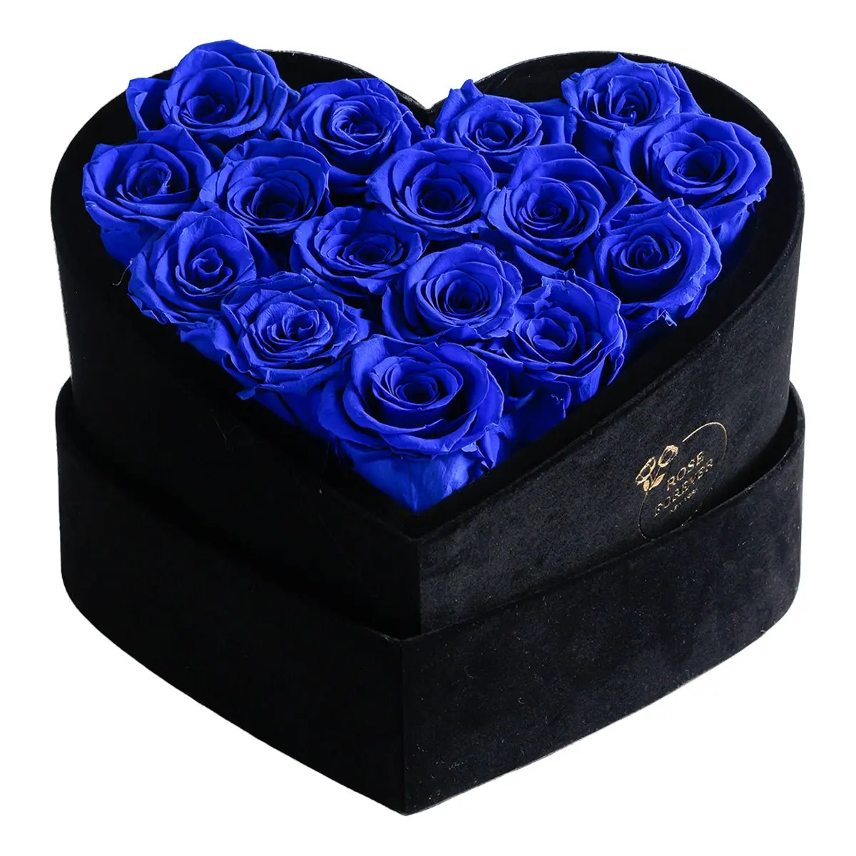 16 Royal Blue Roses - Black Heart-Shaped Box