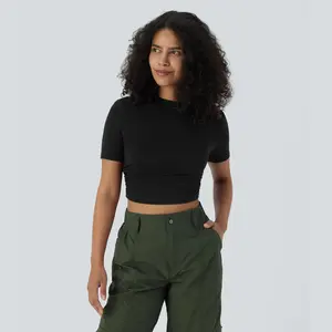 Halara Round Neck Short Sleeve Ruched Skinny Cropped Casual T-Shirt